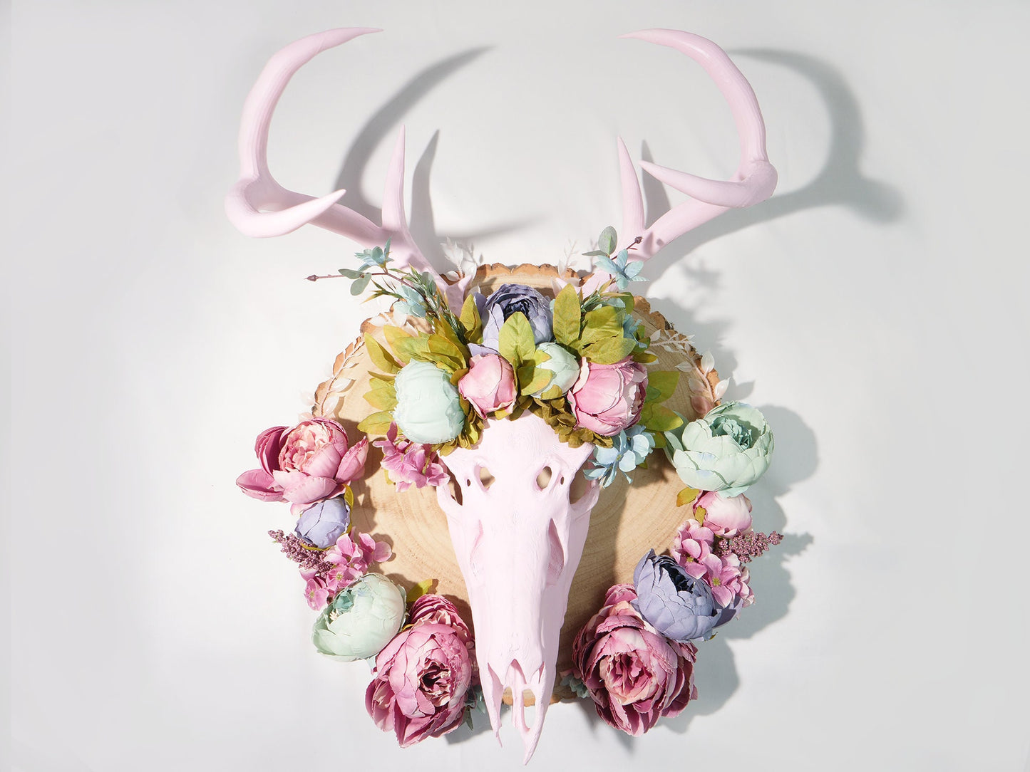 Recycled Faux Floral Pink Deer Skull with Antlers