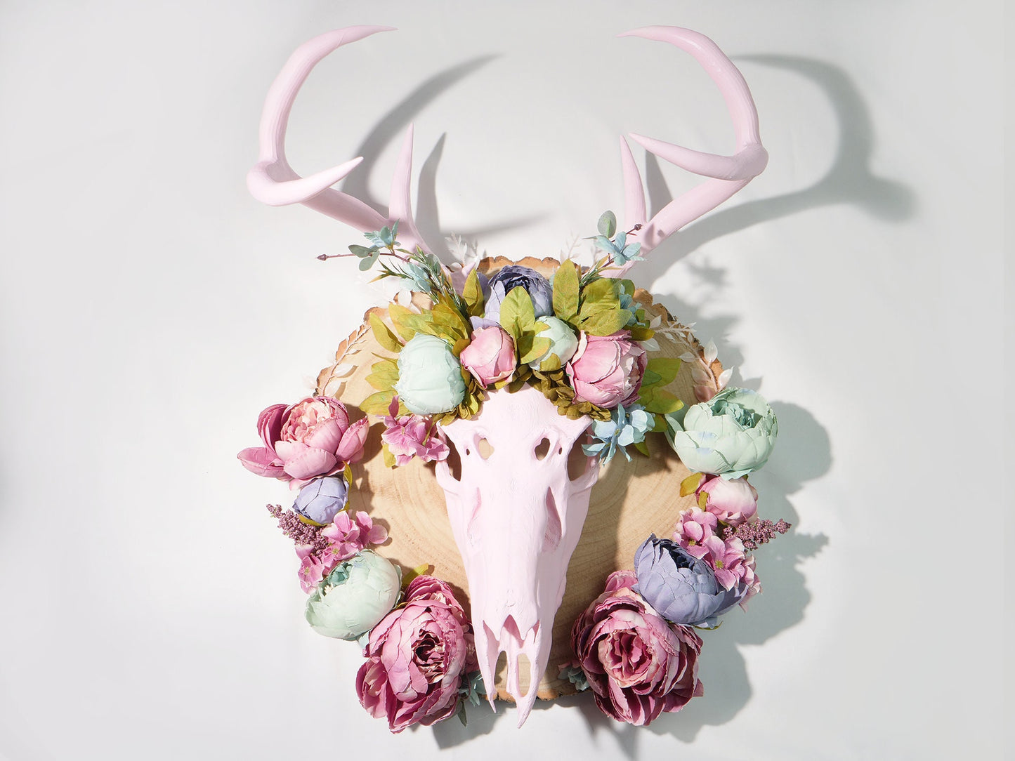 Recycled Faux Floral Pink Deer Skull with Antlers