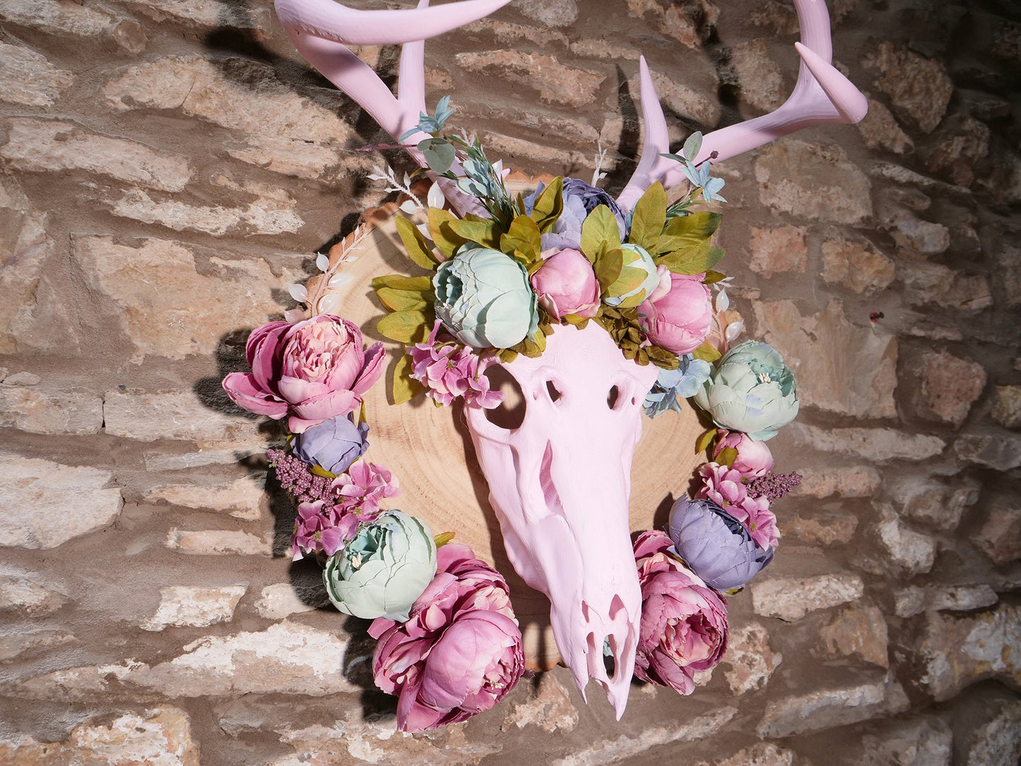 Recycled Faux Floral Pink Deer Skull with Antlers